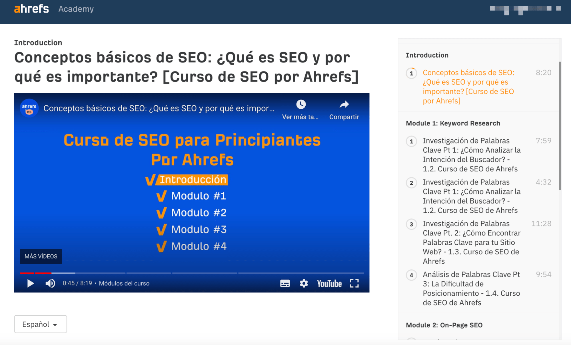 Primera lección del curso de Ahrefs de introducción al SEO