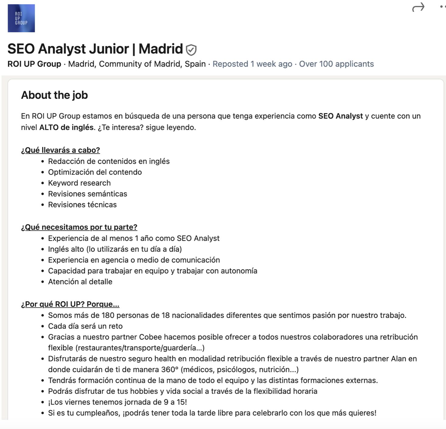 Ejemplo de oferta de empleo para SEO Junior