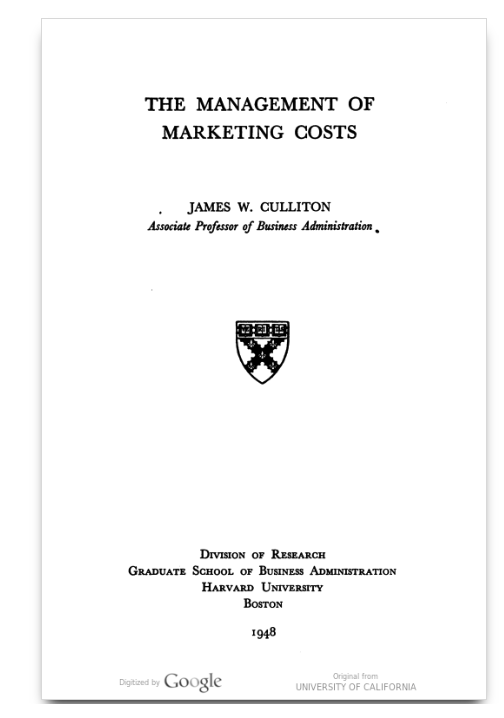 Portada del artículo de James W. Culliton. "The Management of Marketing Costs".