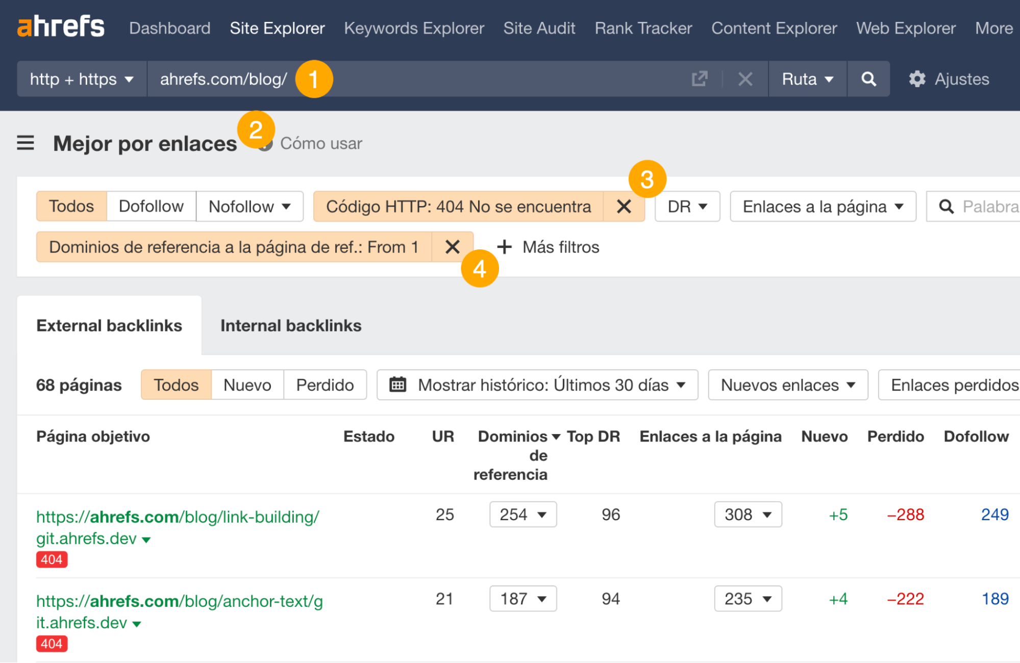 Encontrar páginas 404 con backlinks utilizando el informe Mejor por enlaces en Site Explorer de Ahrefs.