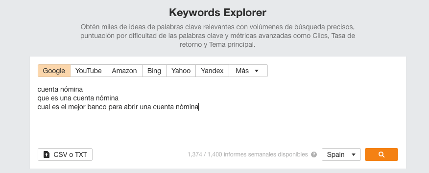 Revisando palabras clave en inglés en Keywords Explorer de Ahrefs Ahrefs