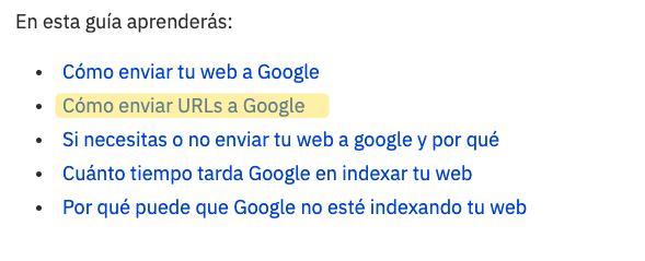 Captura de pantalla de la guía de Ahrefs: "Cómo enviar tu URL a Google" es uno de los puntos.