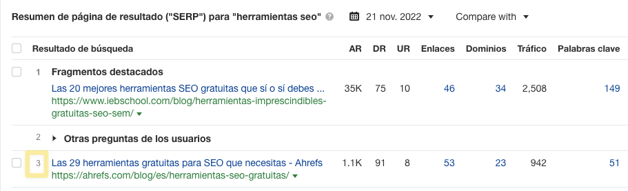 SERP de "herramientas SEO", donde el blog de Ahrefs en español está en tercera posición