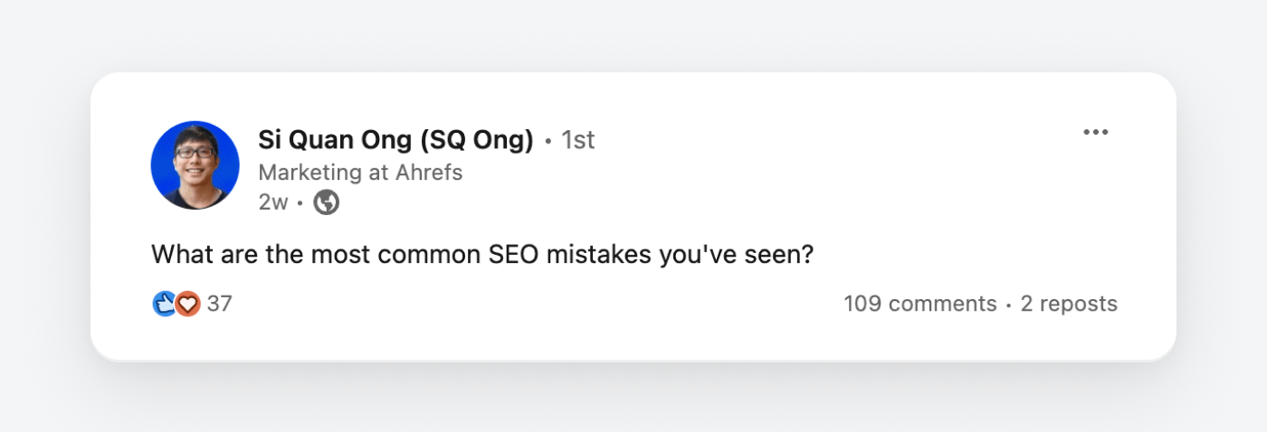 Mi encuesta en LinkedIn sobre los errores SEO más comunes.