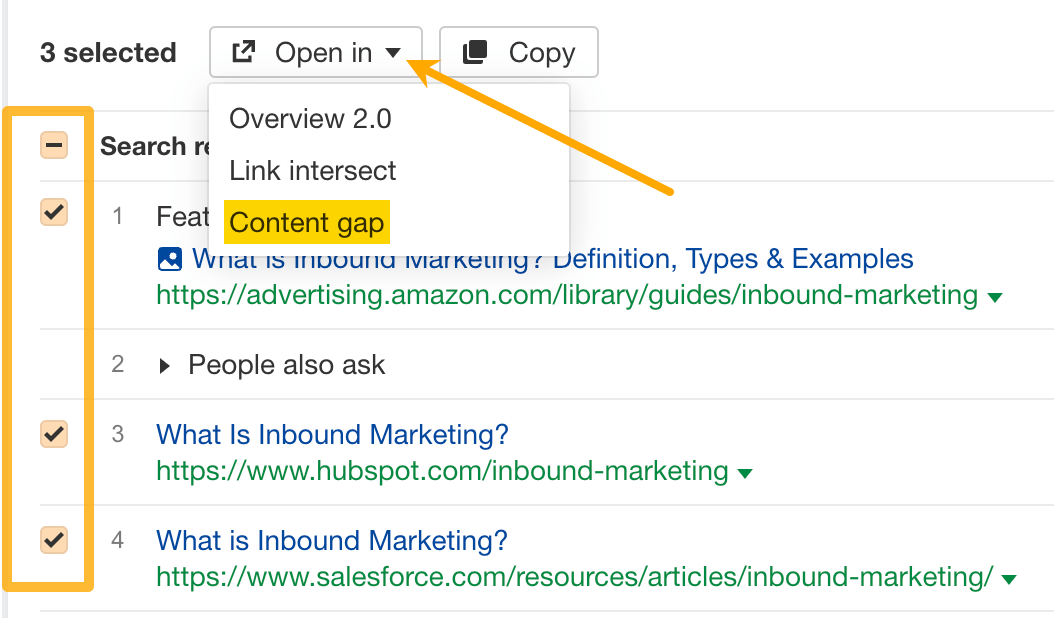 "Abrir en" en Keywords Explorer de Ahrefs.