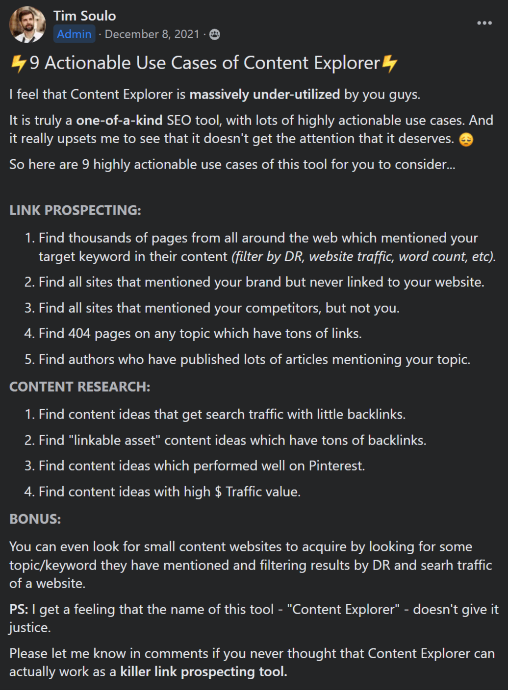 Ejemplo de participación comunitaria: El post de Tim sobre casos de uso de Content Explorer.