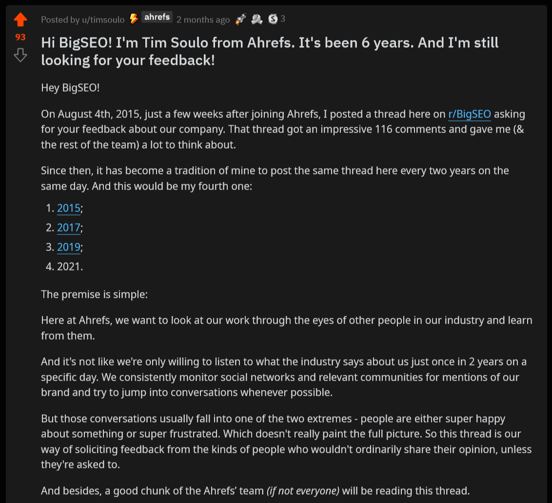 El post de Tim en BigSEO subreddit donde pide opiniones.