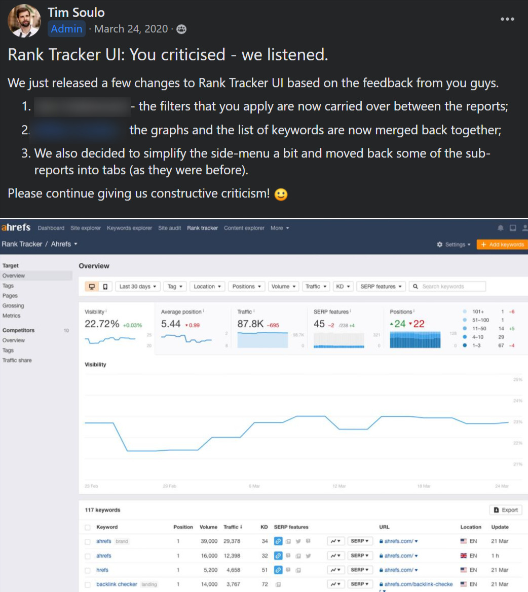 El post de Tim sobre Rank Tracker UI en Ahrefs Insider.