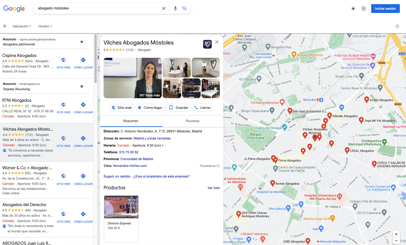 Perfiles de Empresa de Google listados en los resultados de Google Maps