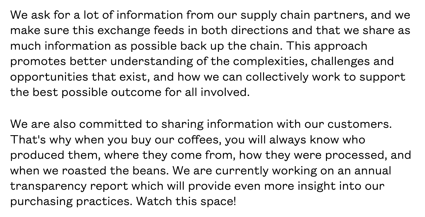 Explicación de Market Lane Coffee sobre cómo practica sus valores.