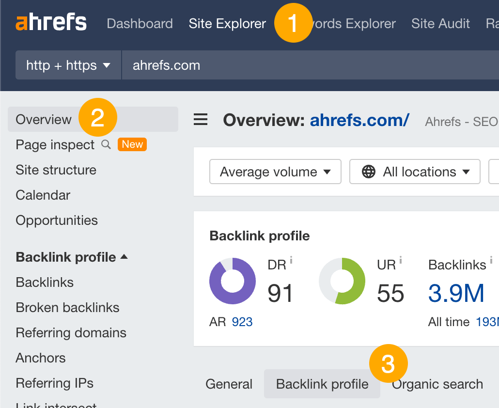 Comprobación de backlinks en Site Explorer de Ahrefs.