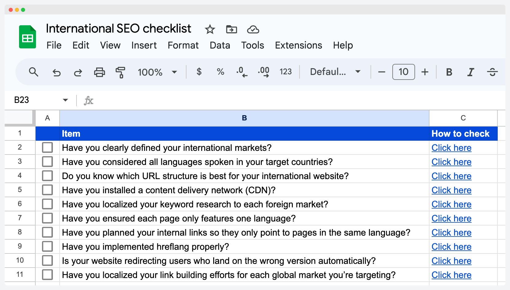 Lista de comprobación SEO internacional en Google Sheets.