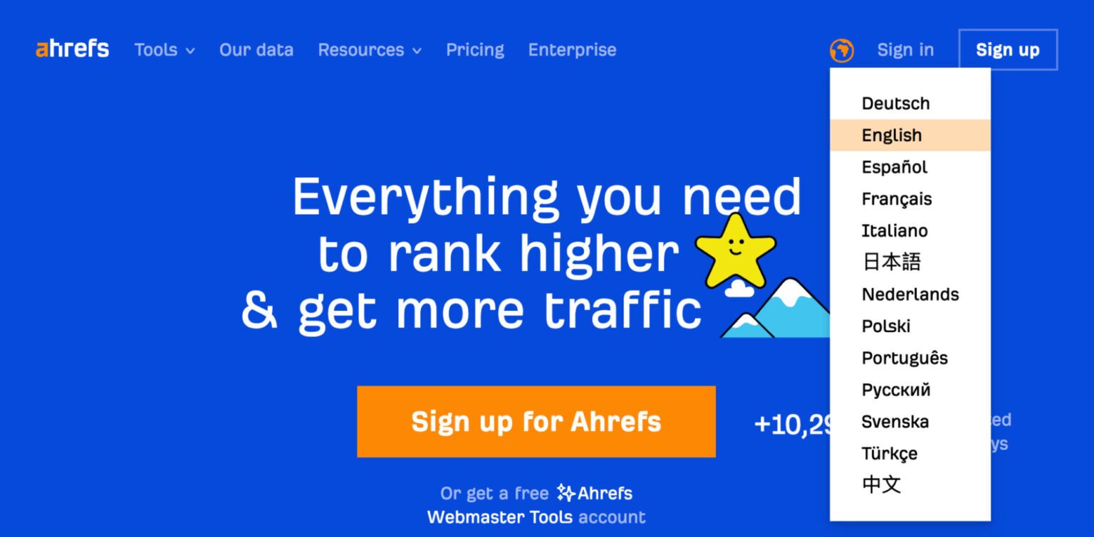 Ejemplo de selector de idioma en ahrefs.com para mejorar la experiencia del usuario en los mercados SEO globales.