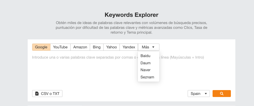 Captura de pantalla de Keywords Explorer, donde podemos ver que contamos con otros buscadores, como Baidu, Yahoo o YouTube