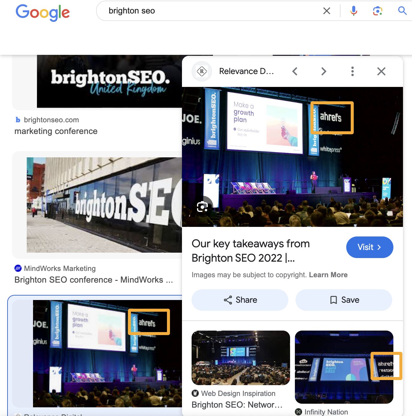 Búsqueda SERP de BrightonSEO. Puedes mirar la pestaña de imágenes para ver con qué frecuencia aparece el logotipo de Ahrefs.