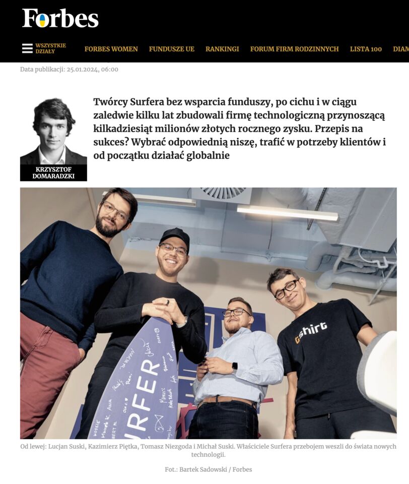 Surfer Team aparece en Forbes, con Michał llevando una camiseta de Ahrefs