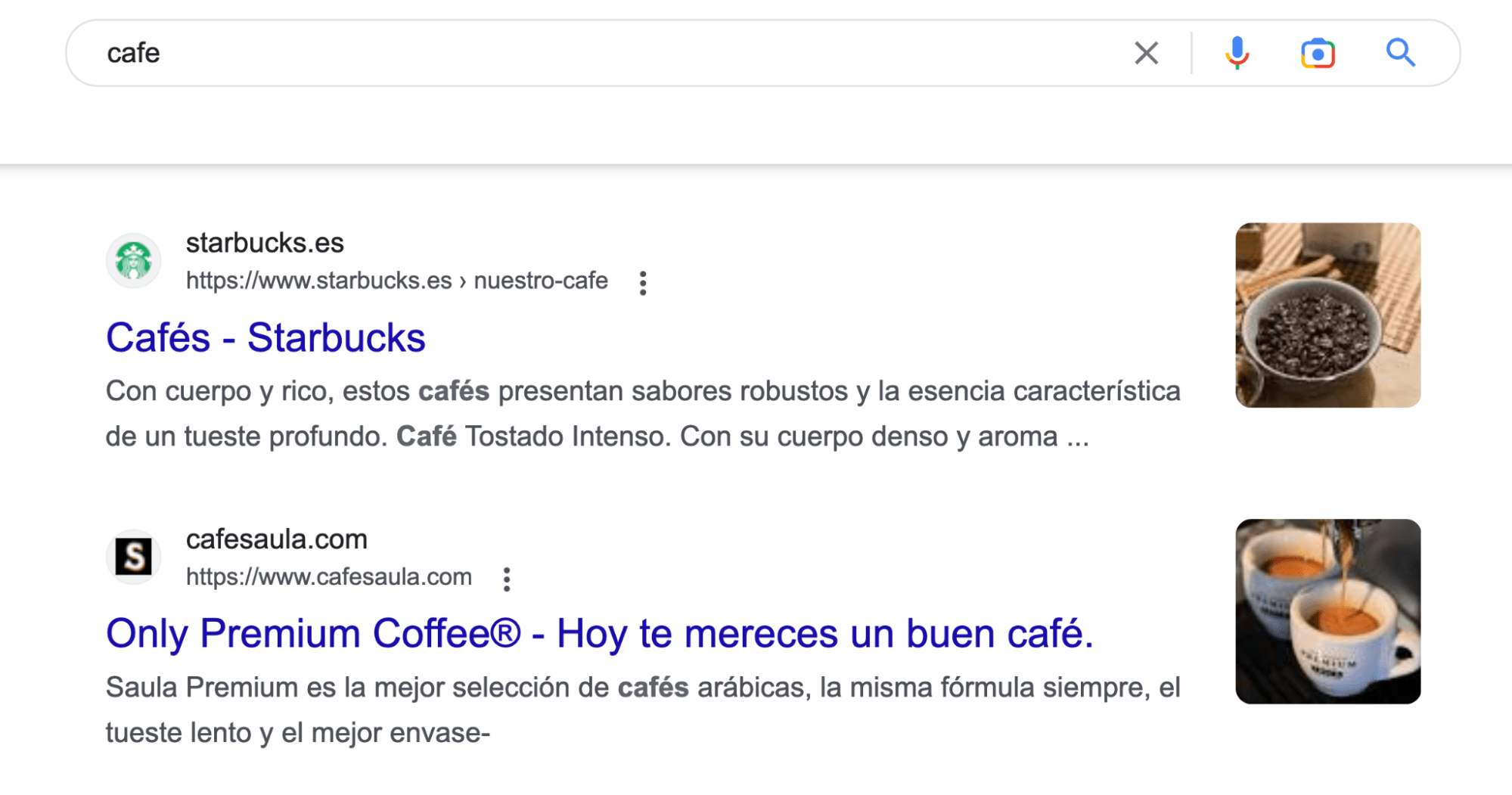 Resultado de la búsqueda "café" en Google