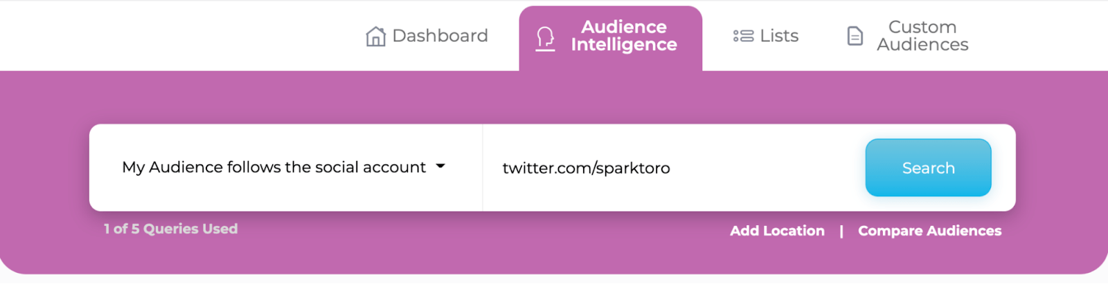 Campo de texto de SparkToro para ingresar la URL de la cuenta social para la cual se quiere adquirir inteligencia de audiencia