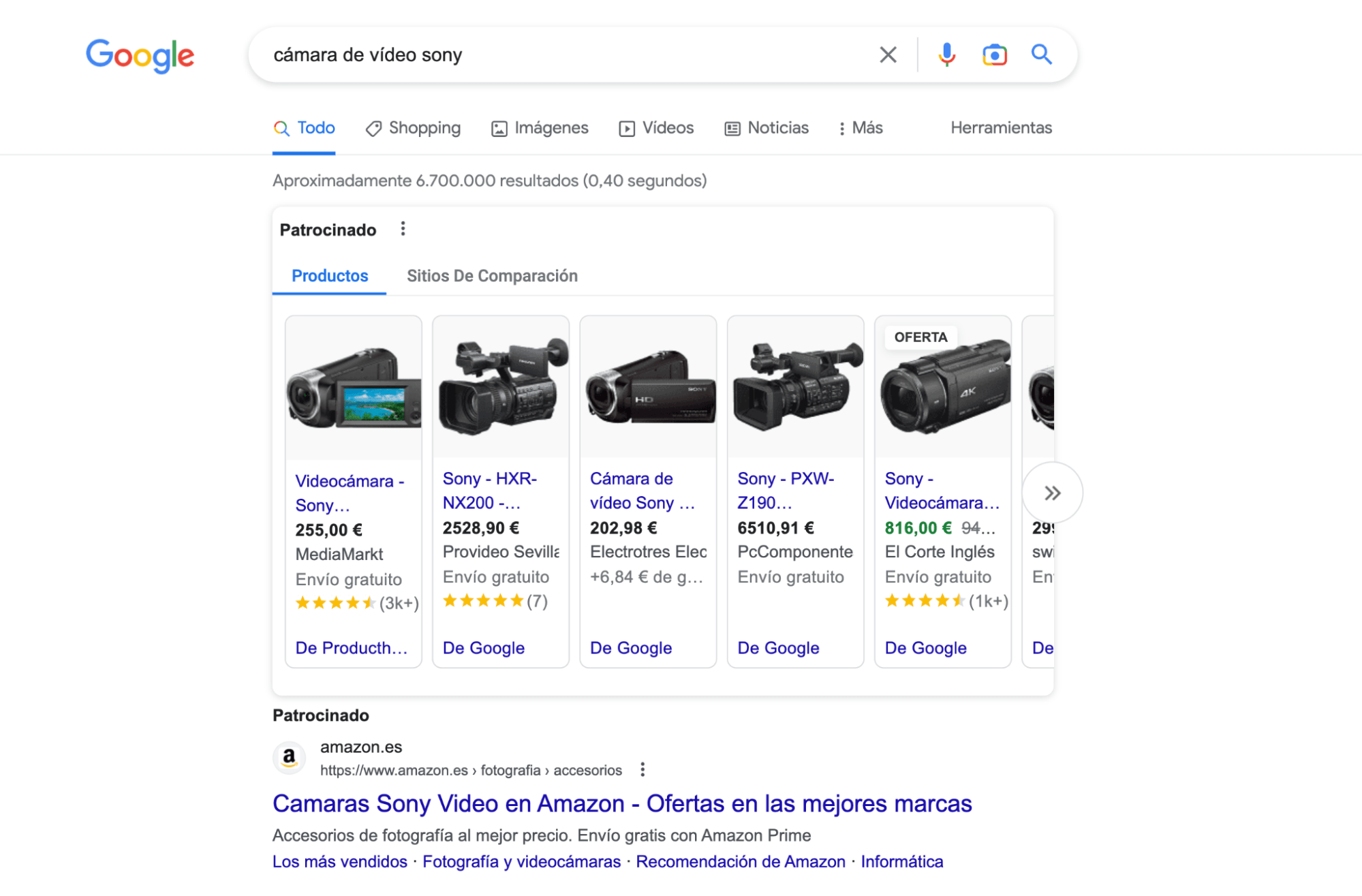 Resultados de la búsqueda en Google de "cámara de vídeo sony".
