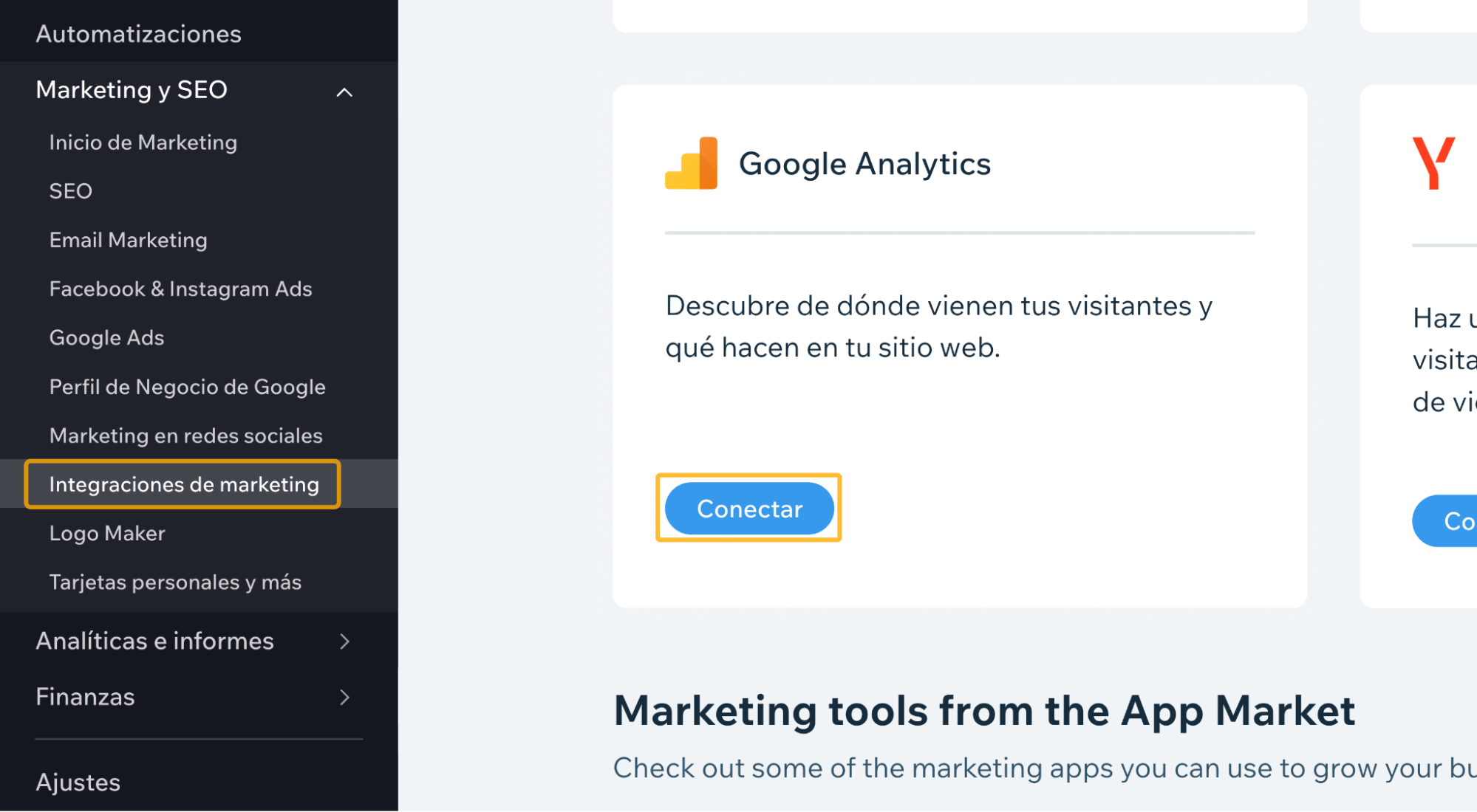 Integración de marketing de Wix con Google Analytics