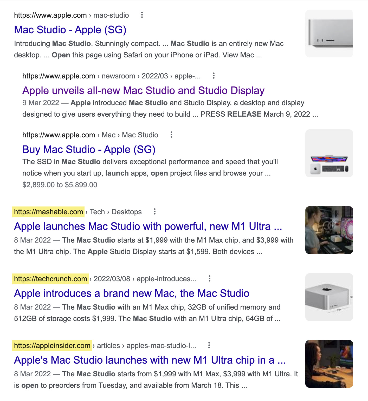 Captura de pantalla de la SERP de Google para "Mac Studio"