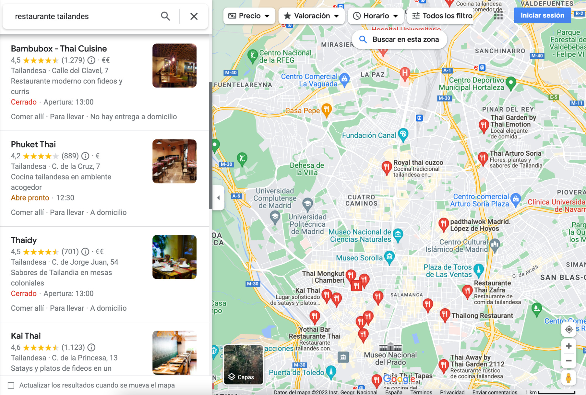 Restaurantes tailandeses en Google Maps.