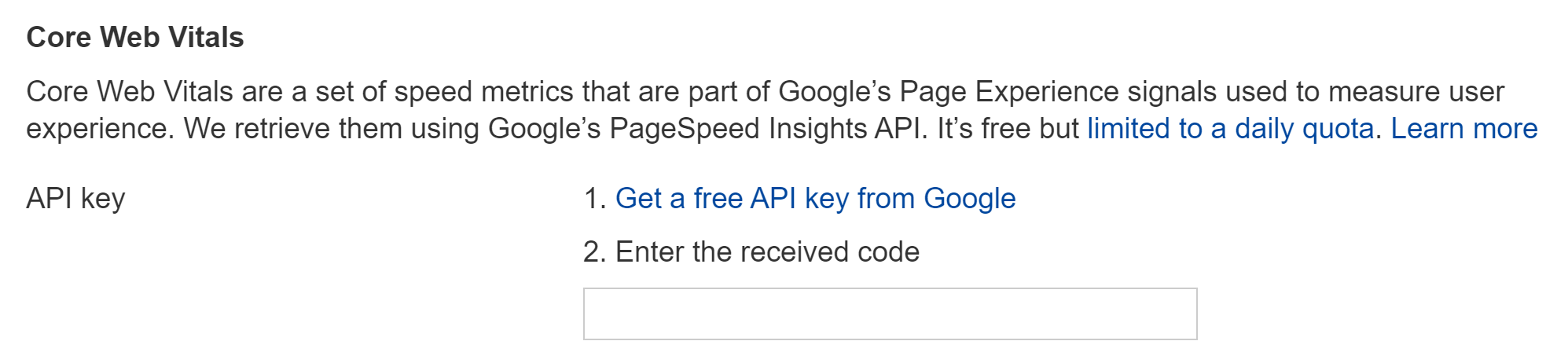 Utiliza tu clave API de PageSpeed Insights para obtener CWV en Site Audit de Ahrefs.