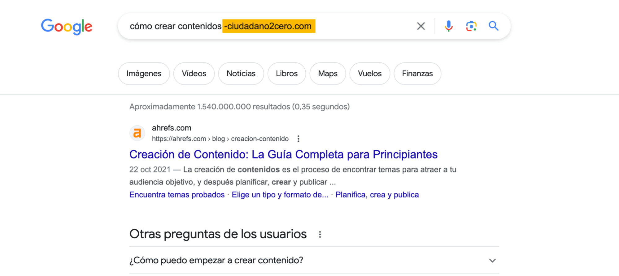 Resultado de la búsqueda en Google de "cómo crear contenidos -ciudadano2cero.com".
