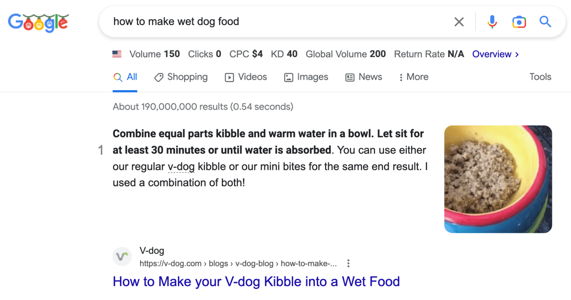 Resultado de búsqueda en Google para "how to make wet dog food" ("cómo hacer comida húmeda para perros")