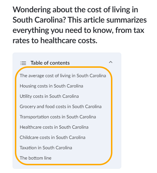 Artículo sobre el coste de la vida en Carolina del Sur.