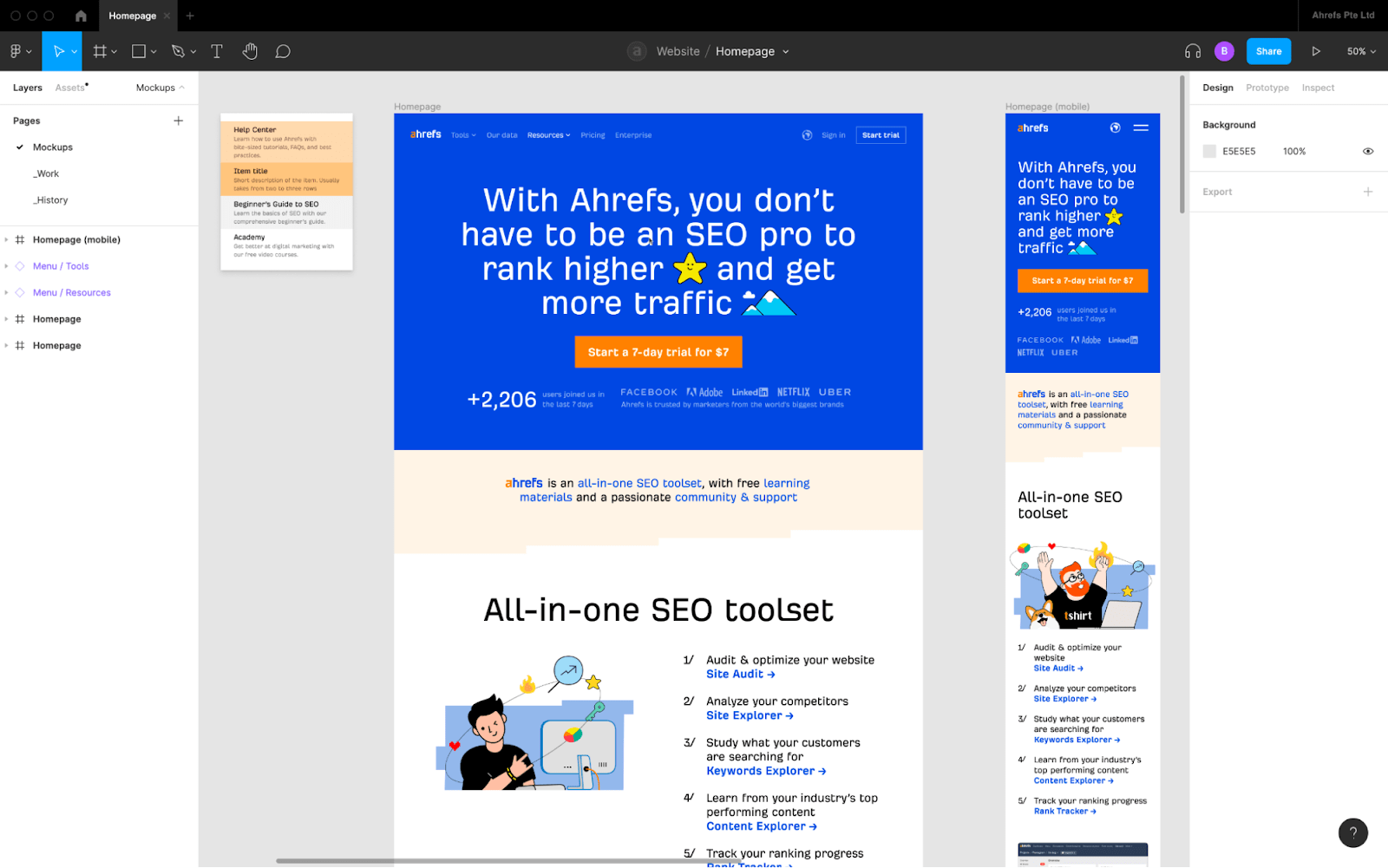 El diseño de la página web de Ahrefs en Figma.