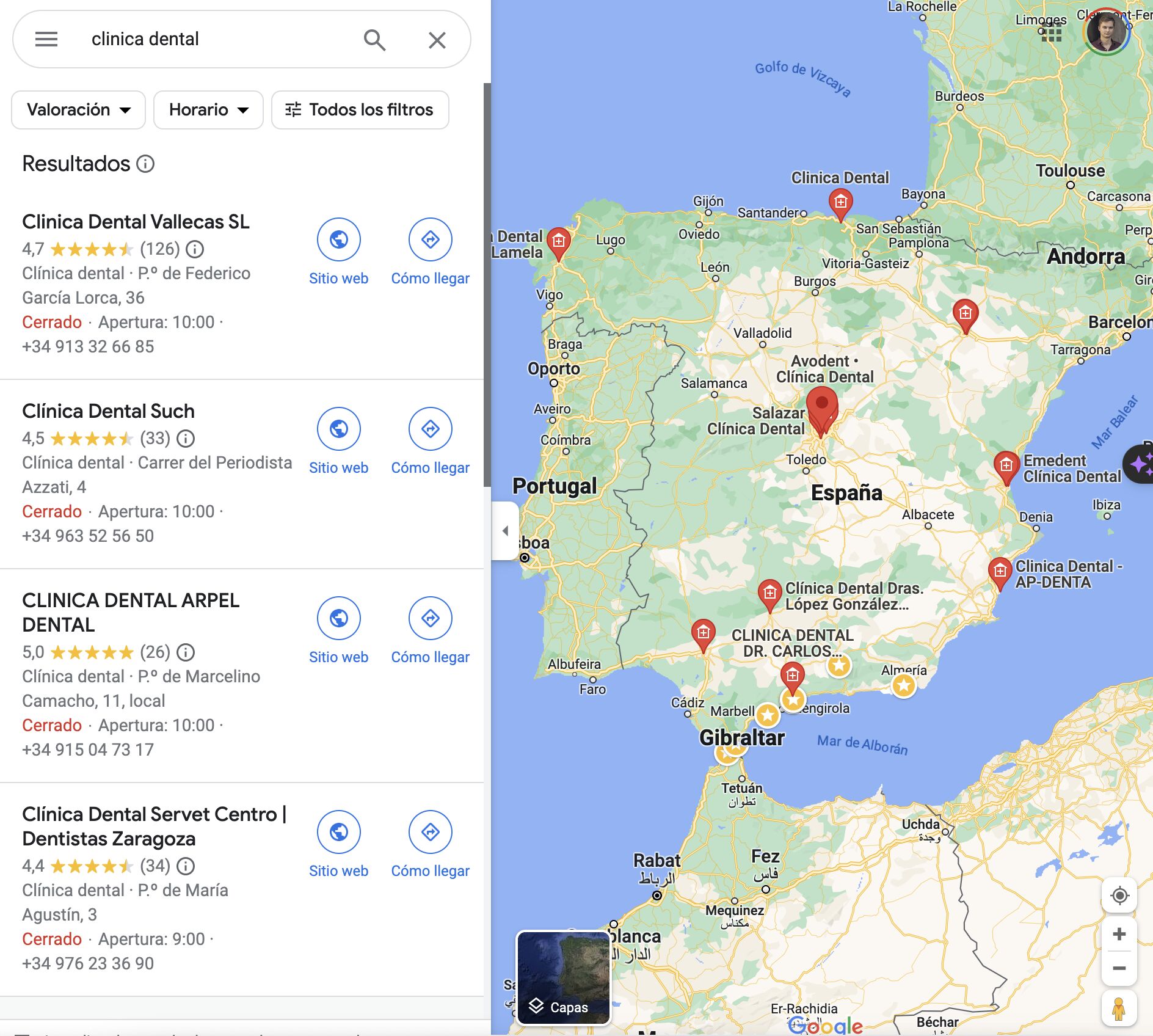 Captura de pantalla de Google Maps mostrando Pymes en España 
