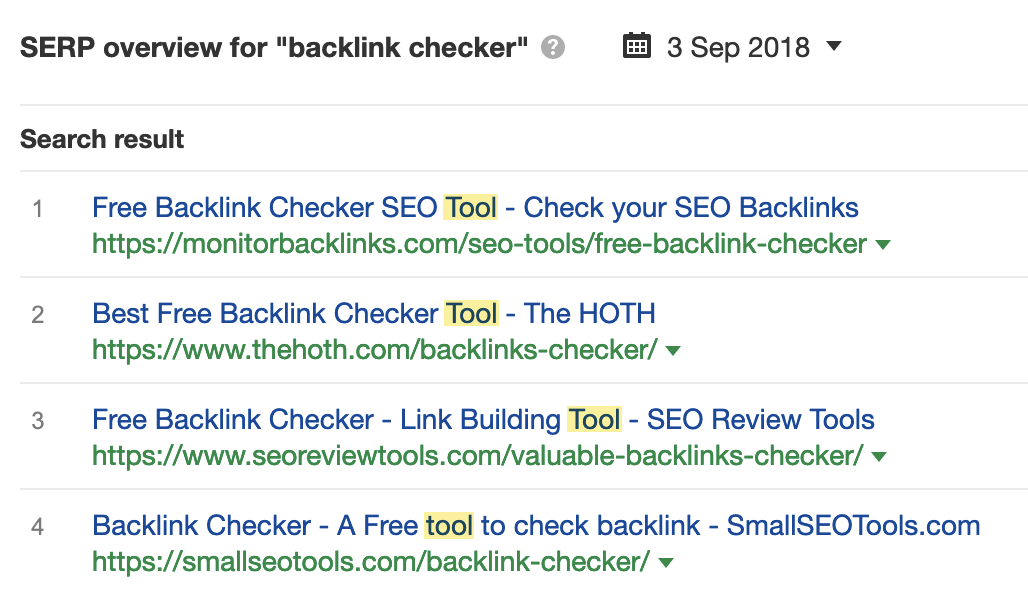 Los resultados mejor posicionados con "backlink checker" en 2018 fueron todas herramientas gratuitas.