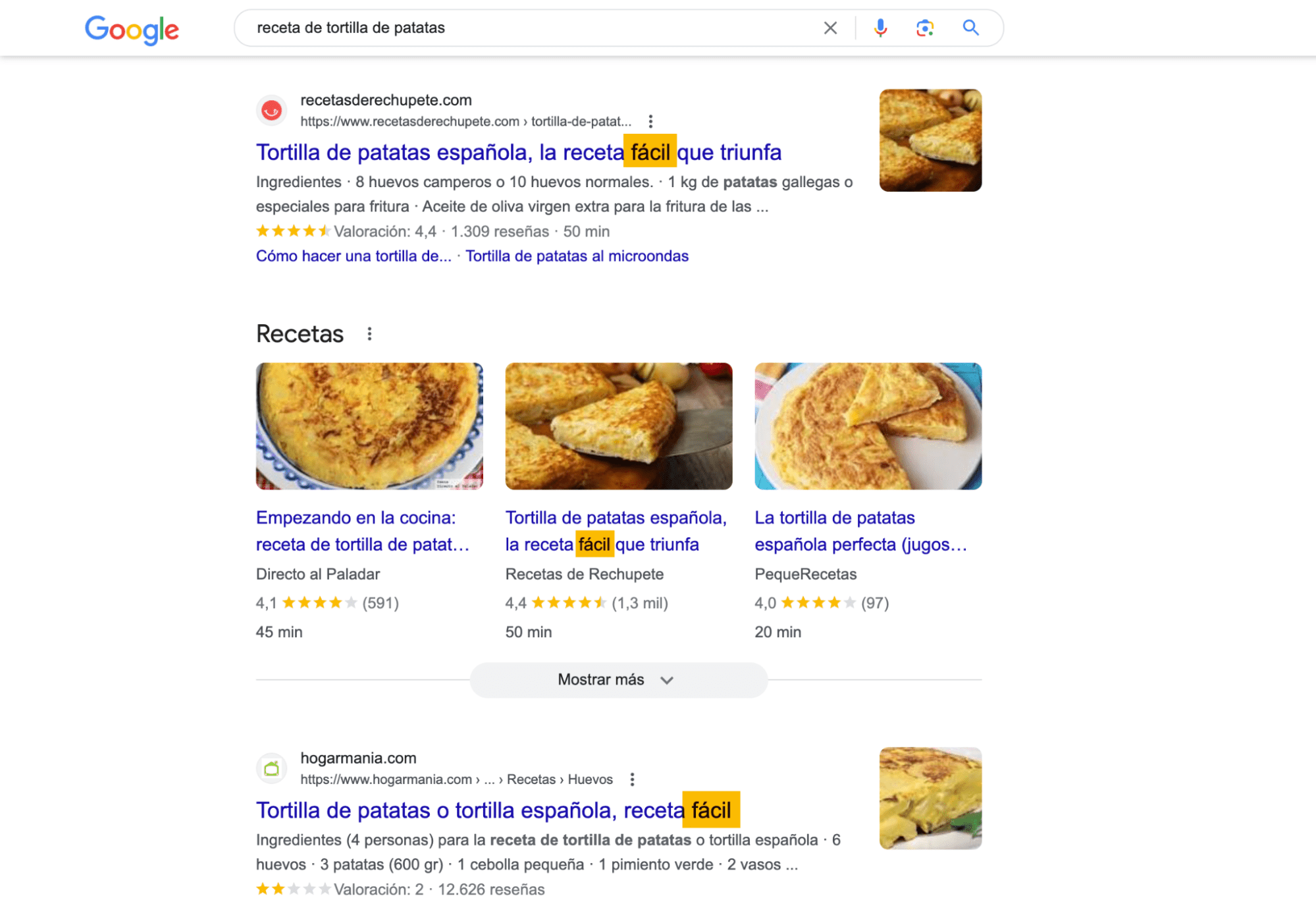 Gente buscando "receta de tortilla de patatas" en las SERP. La mayoría de resultados son entradas de blog.