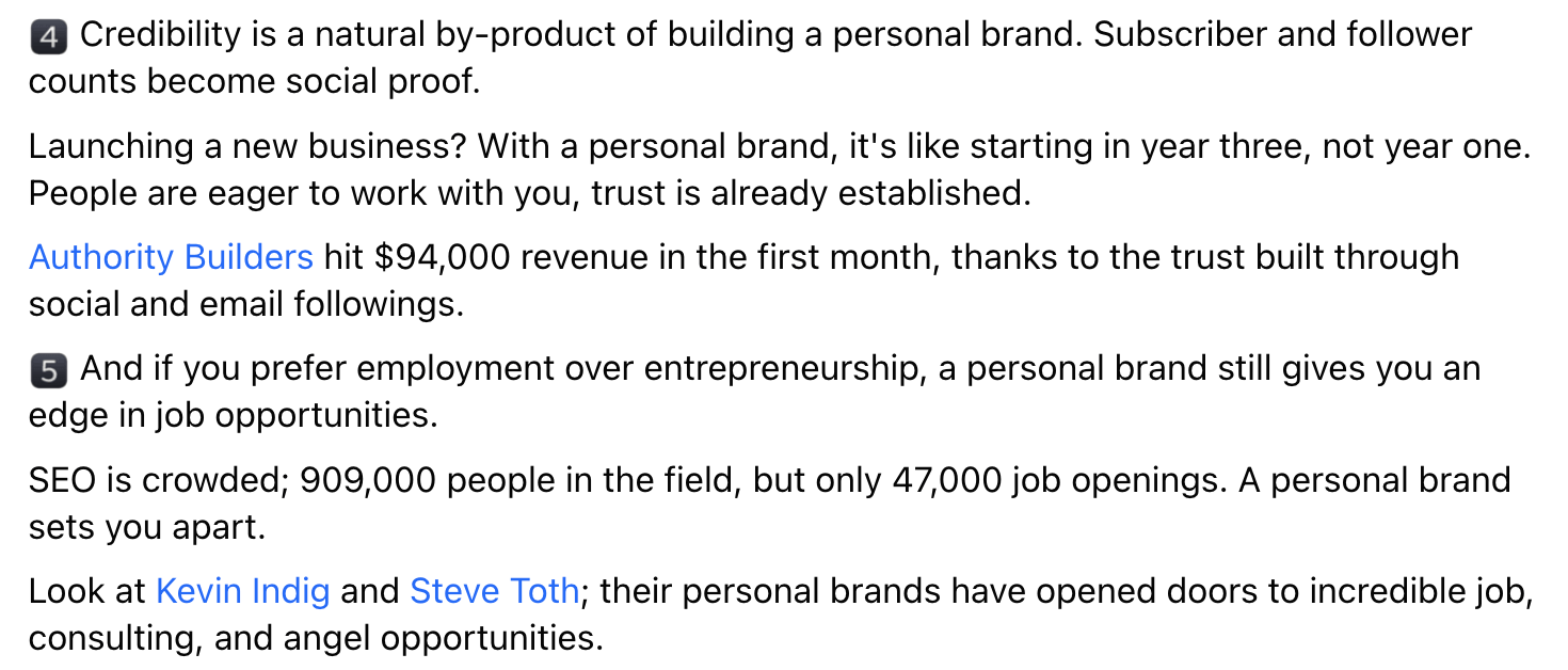Un extracto del post de Matt Diggity en Facebook sobre los beneficios de la marca personal.