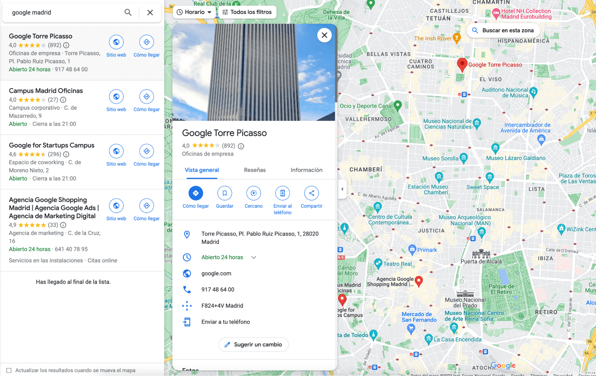  Ejemplo de Perfil de Empresa de Google con la oficina de Google en Madrid.