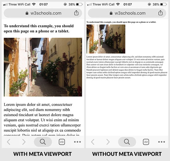 Página web en móvil con y sin etiqueta meta viewport.