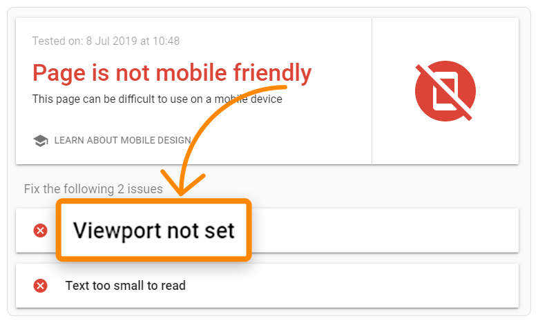 Error de página que no es mobile-friendly, a través de la herramienta Mobile-Friendly Test de Google.