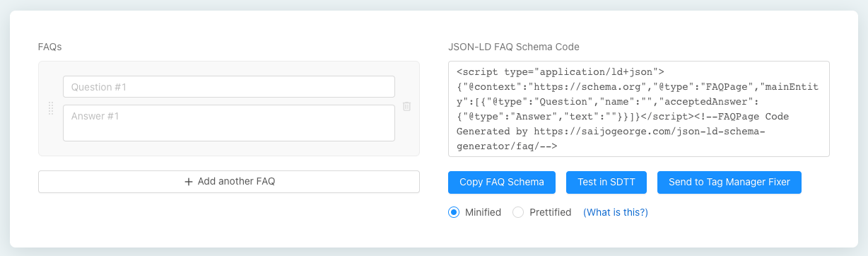 Ejemplo de schema generator mostrando el código JSON-LD FAQ