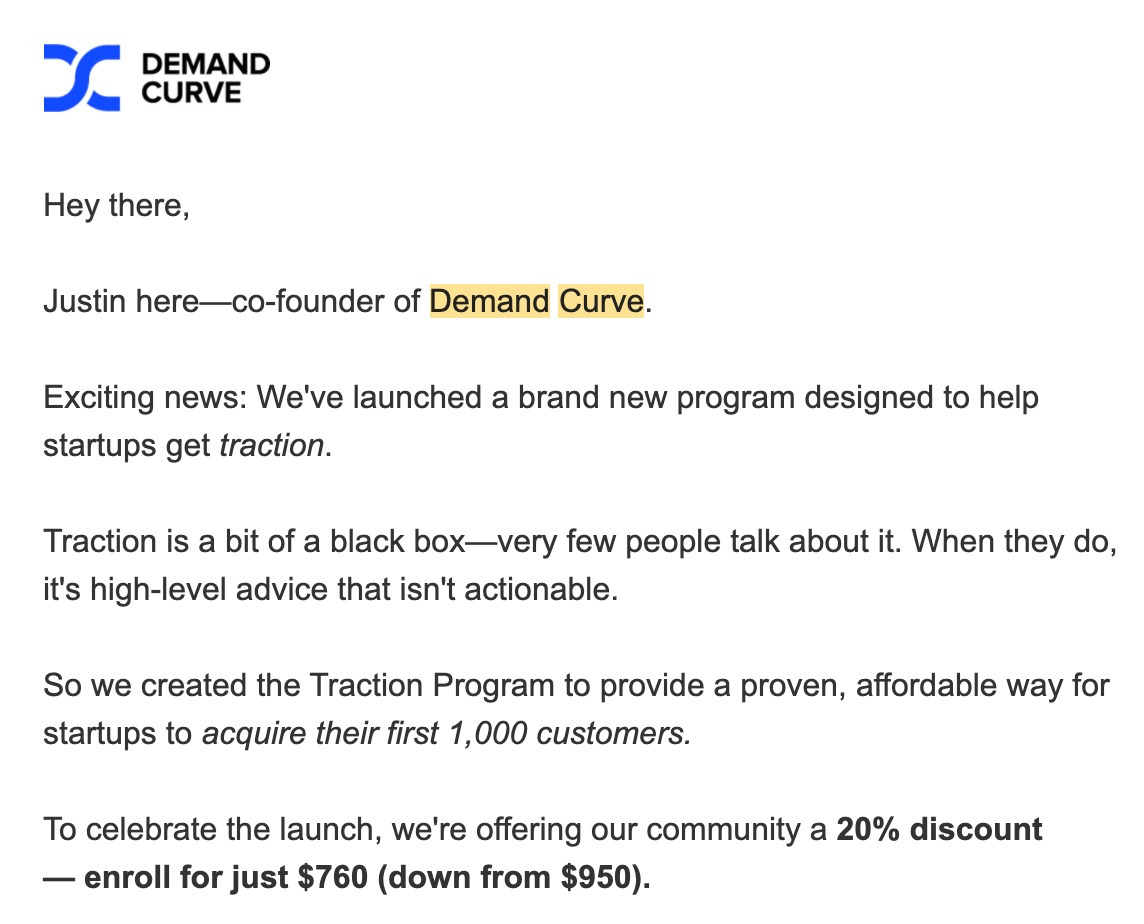 Email de Demand Curve promocionando un programa nuevo