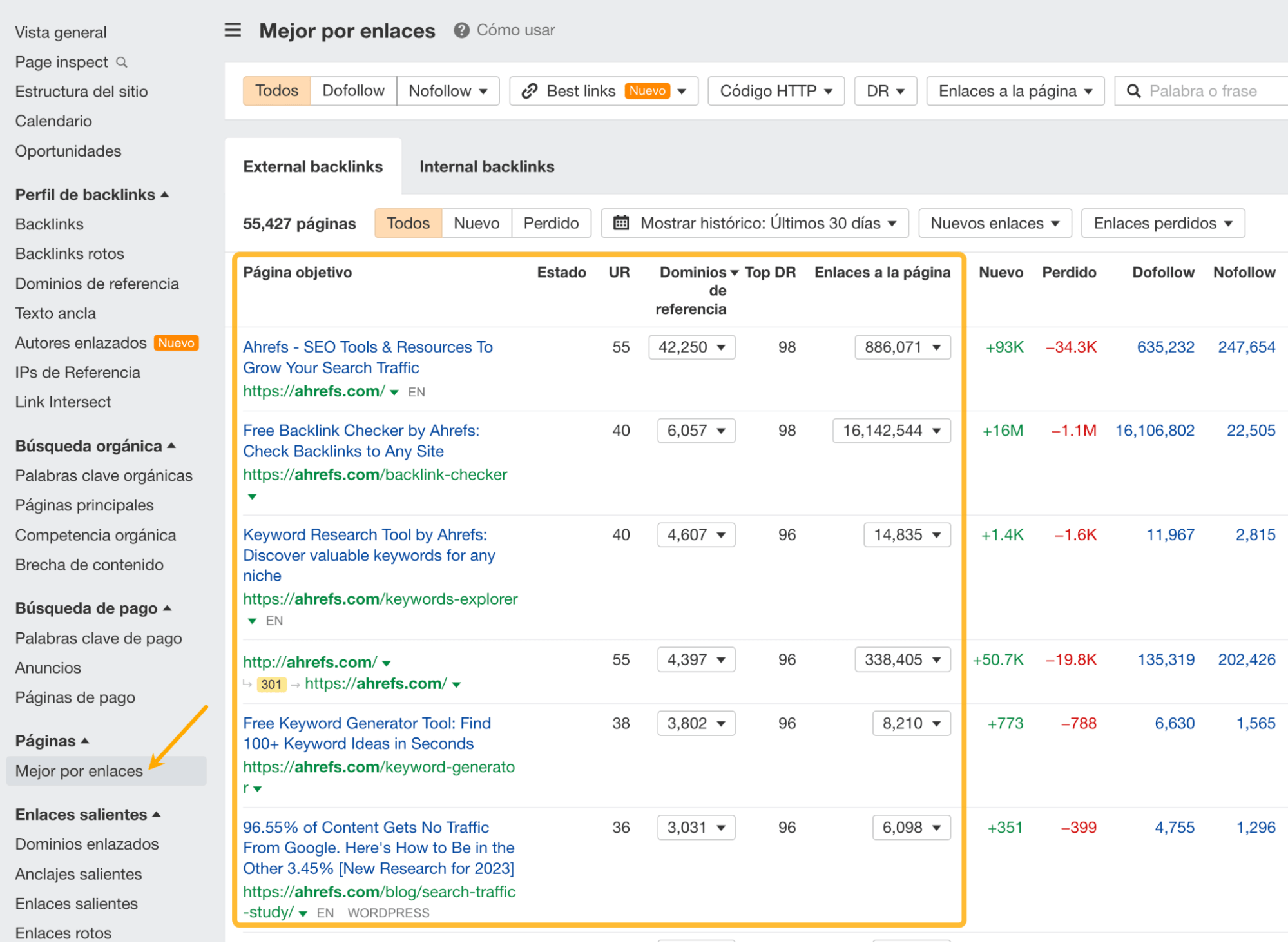 Informe de Mejor por enlaces de Site Explorer.