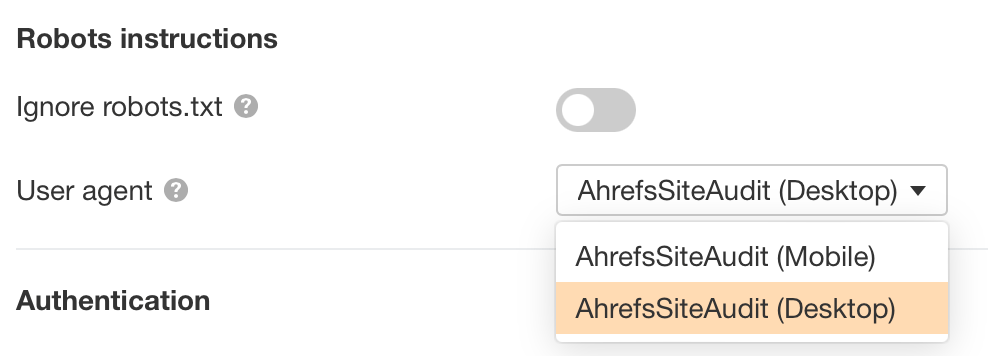 Elección del agente de usuario en Site Audit de Ahrefs.