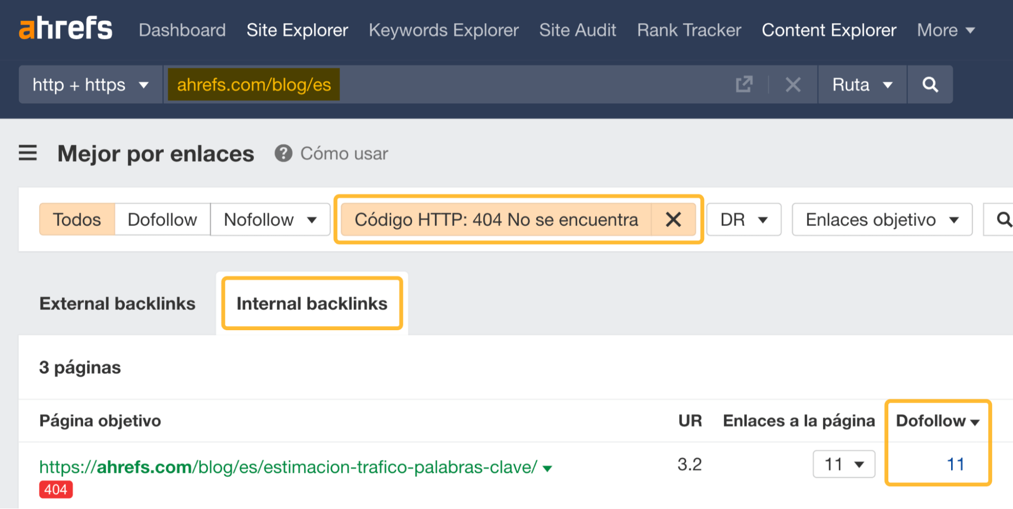 Filtrando códigos HTTP 404 ordenados por "dofollow" en el Site Explorer de Ahrefs.