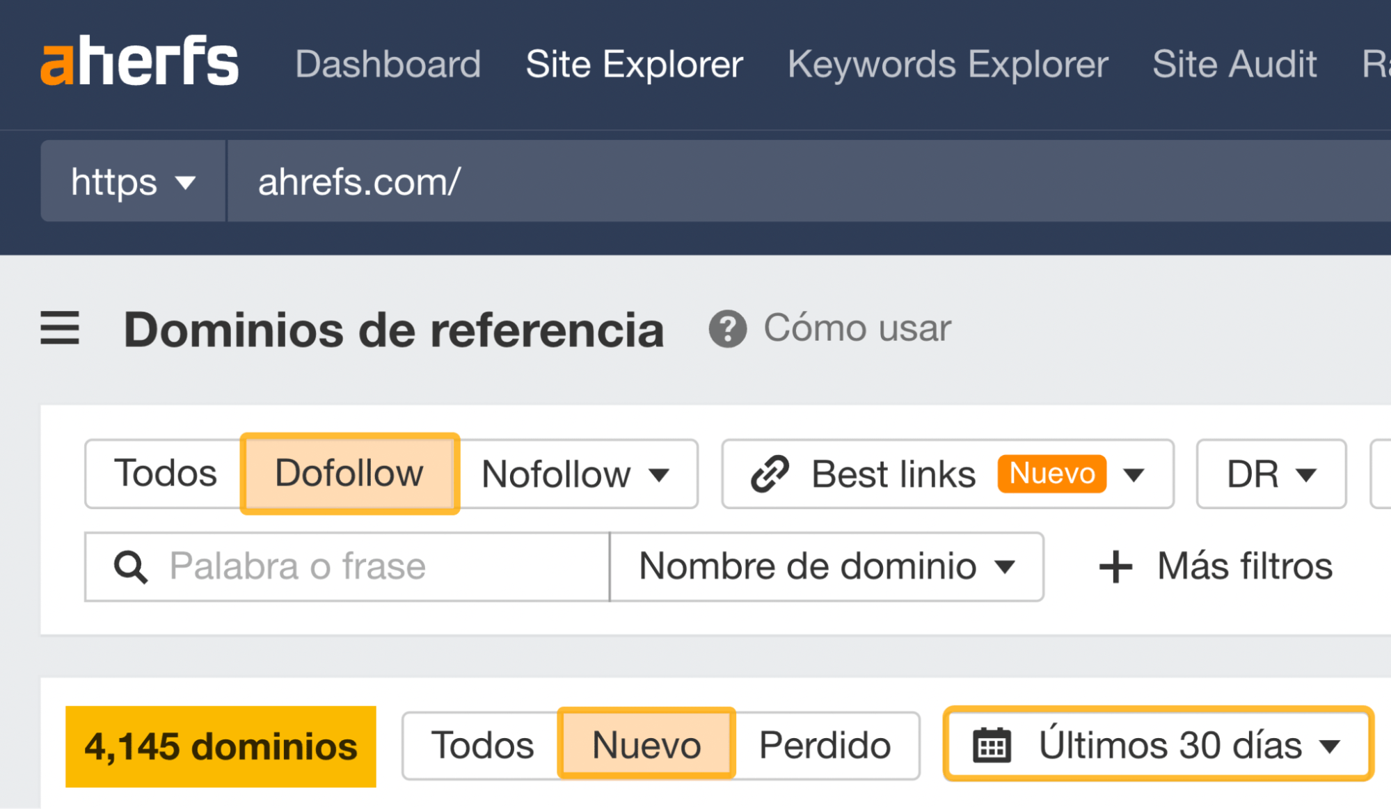 Cantidad de enlaces Do follow a través de Site Explorer de Ahrefs.