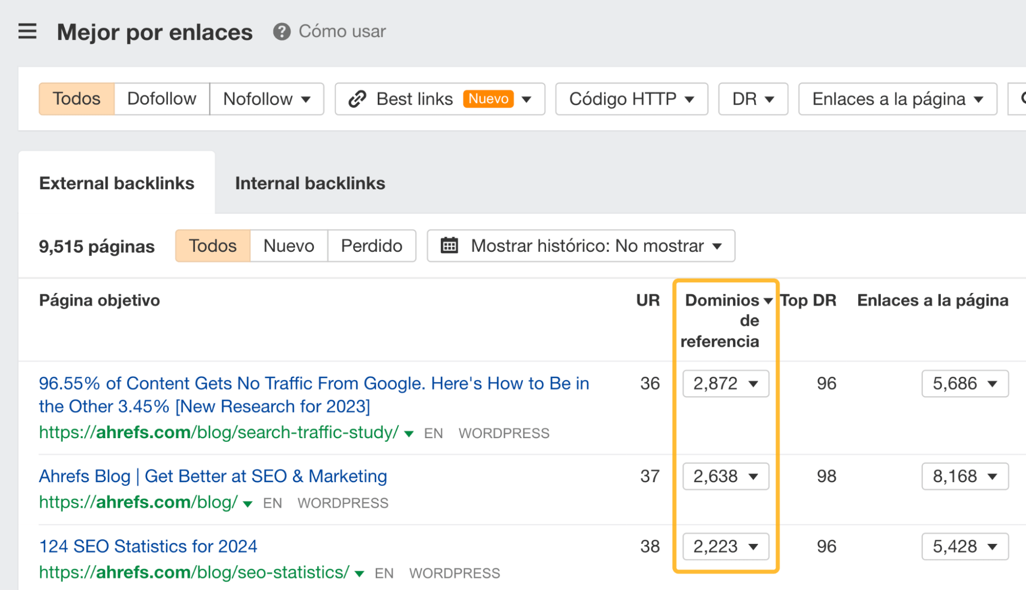 Informe de Mejor por enlaces de Site Explorer de Ahrefs.