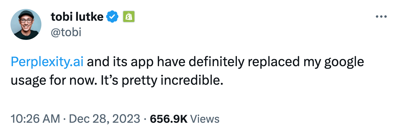 Captura de pantalla de tweet de Tobi Lutke hablando sobre su uso de Perplexity AI