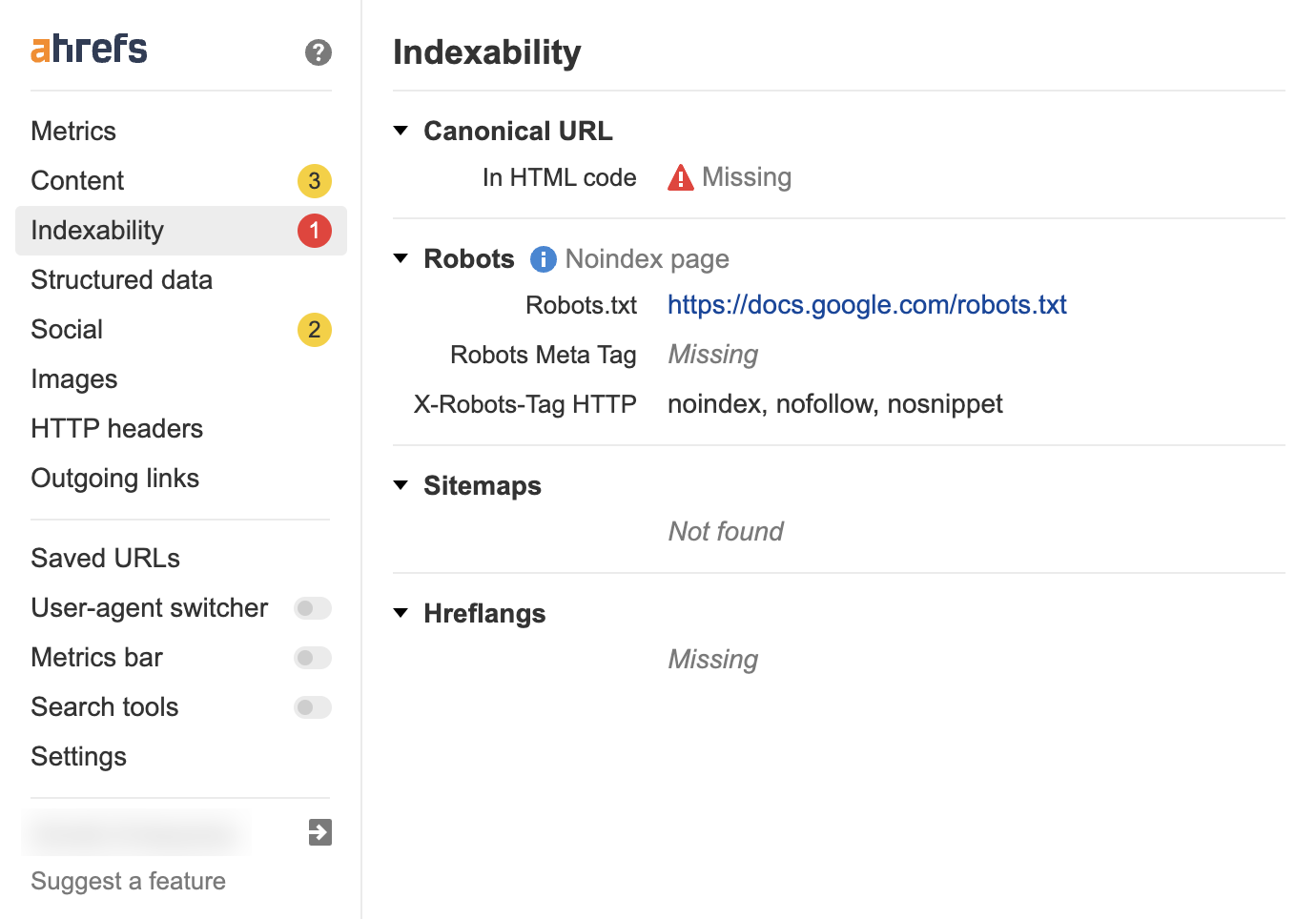 Informe de indexabilidad de la Barra de herramientas SEO de Ahrefs.