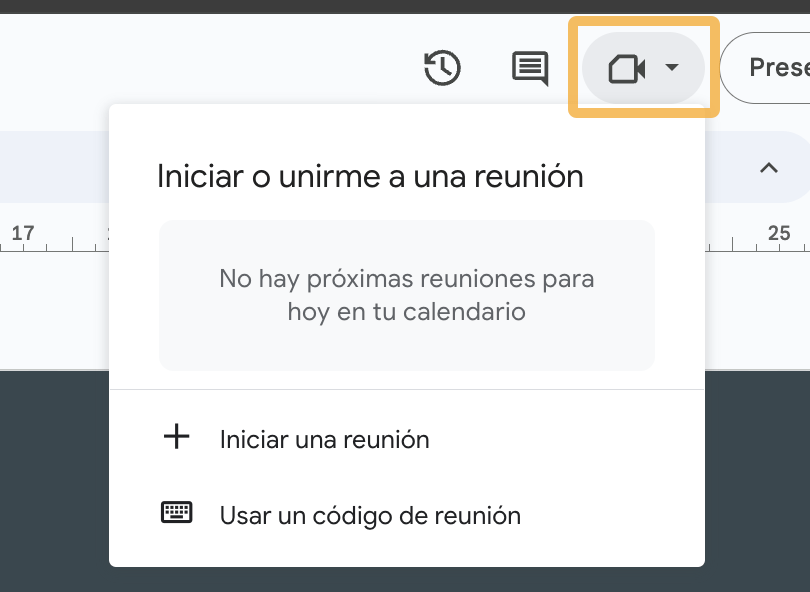 Función de compartir una reunión en Google Slides.