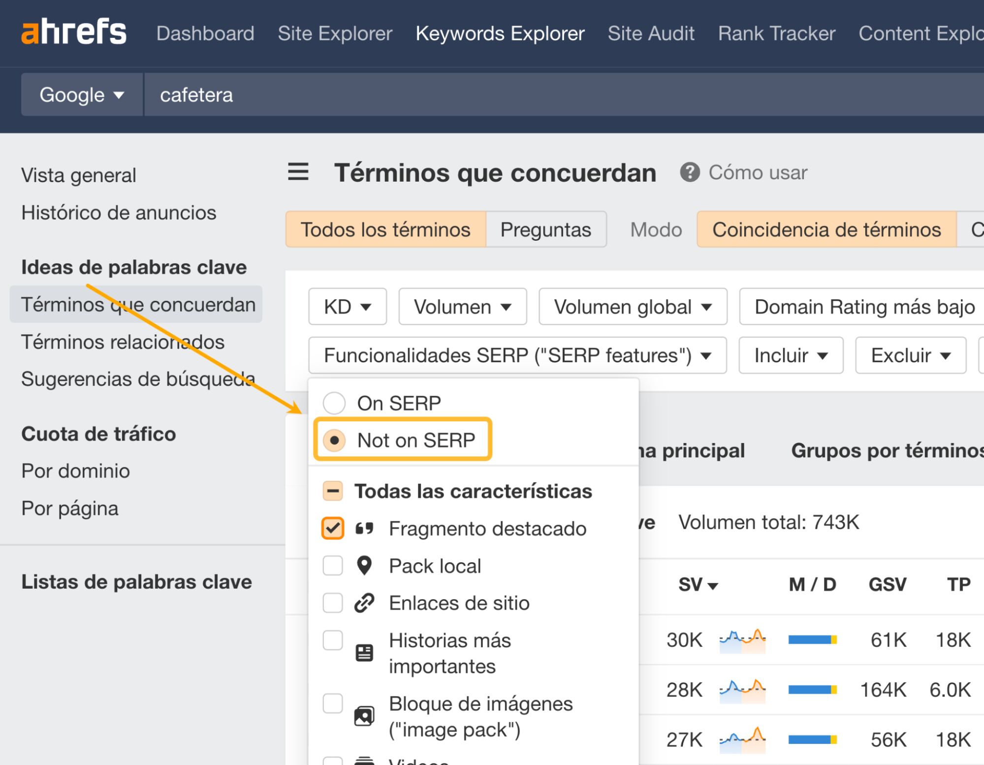 Filtro 'Not on SERP' de Keywords Explorer de Ahrefs.