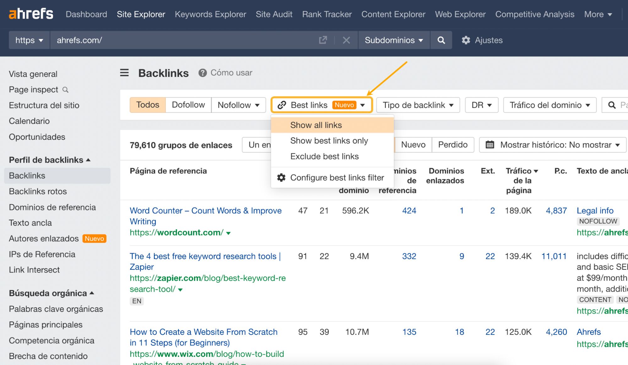 Informe de Backlinks de Site Explorer de Ahrefs.